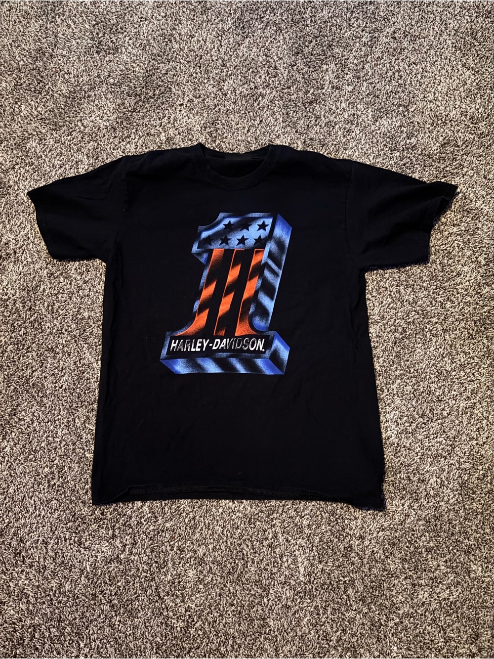 Harley-Davidson Black Tee with Red and Blue '1' Graphic